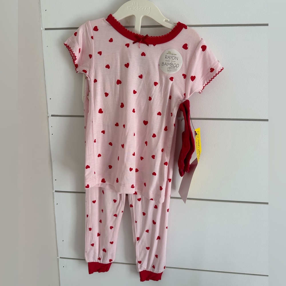 NWT Milkberry bamboo pajamas 12 month pink & red hearts and trim Valentine’s Day
